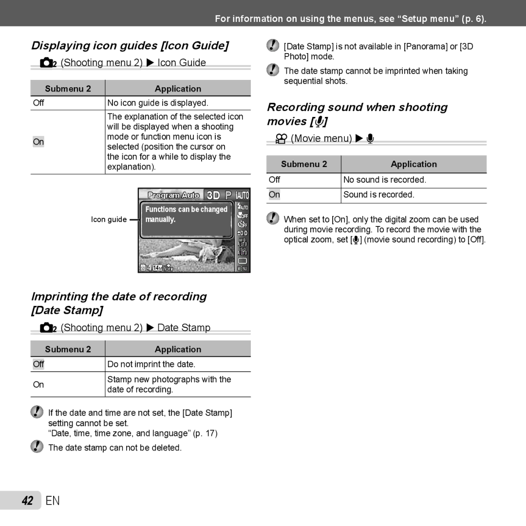 Olympus TG-320 instruction manual 42 EN, Displaying icon guides Icon Guide, Imprinting the date of recording Date Stamp 