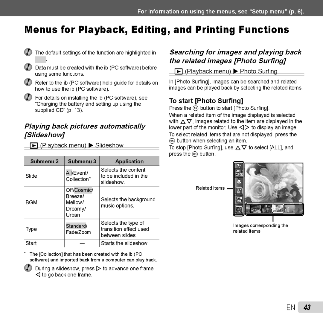 Olympus TG-320 Playing back pictures automatically Slideshow, Playback menu X Slideshow, Playback menu X Photo Surﬁng 