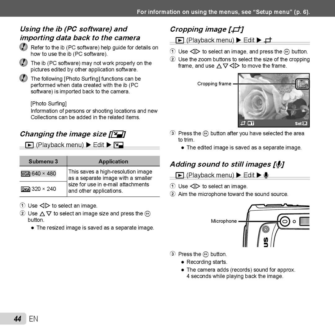 Olympus TG-320 instruction manual 44 EN, Changing the image size Q, Cropping image P, Adding sound to still images R 