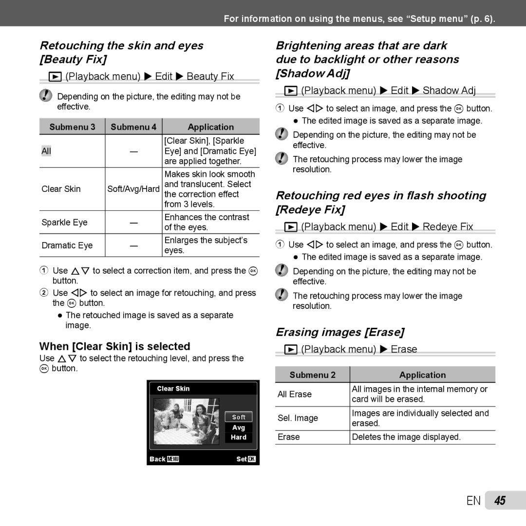 Olympus TG-320 instruction manual Retouching the skin and eyes Beauty Fix, Retouching red eyes in ﬂash shooting Redeye Fix 