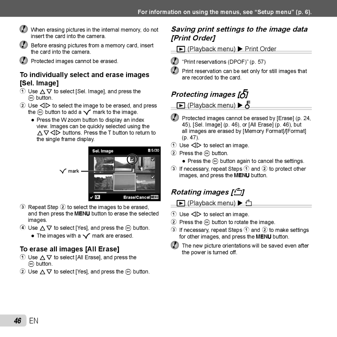 Olympus TG-320 46 EN, Saving print settings to the image data Print Order, Protecting images R, Rotating images y 