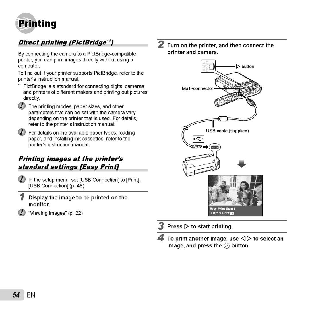 Olympus TG-320 Printing, 54 EN, Direct printing PictBridge*1, Display the image to be printed on the monitor 