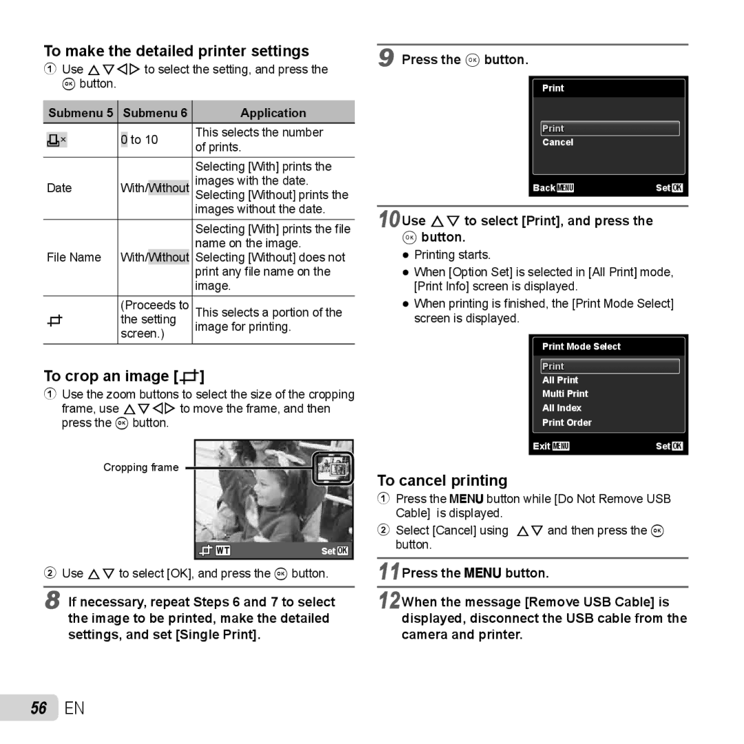 Olympus TG-320 instruction manual 56 EN, To make the detailed printer settings, To crop an image P, To cancel printing 