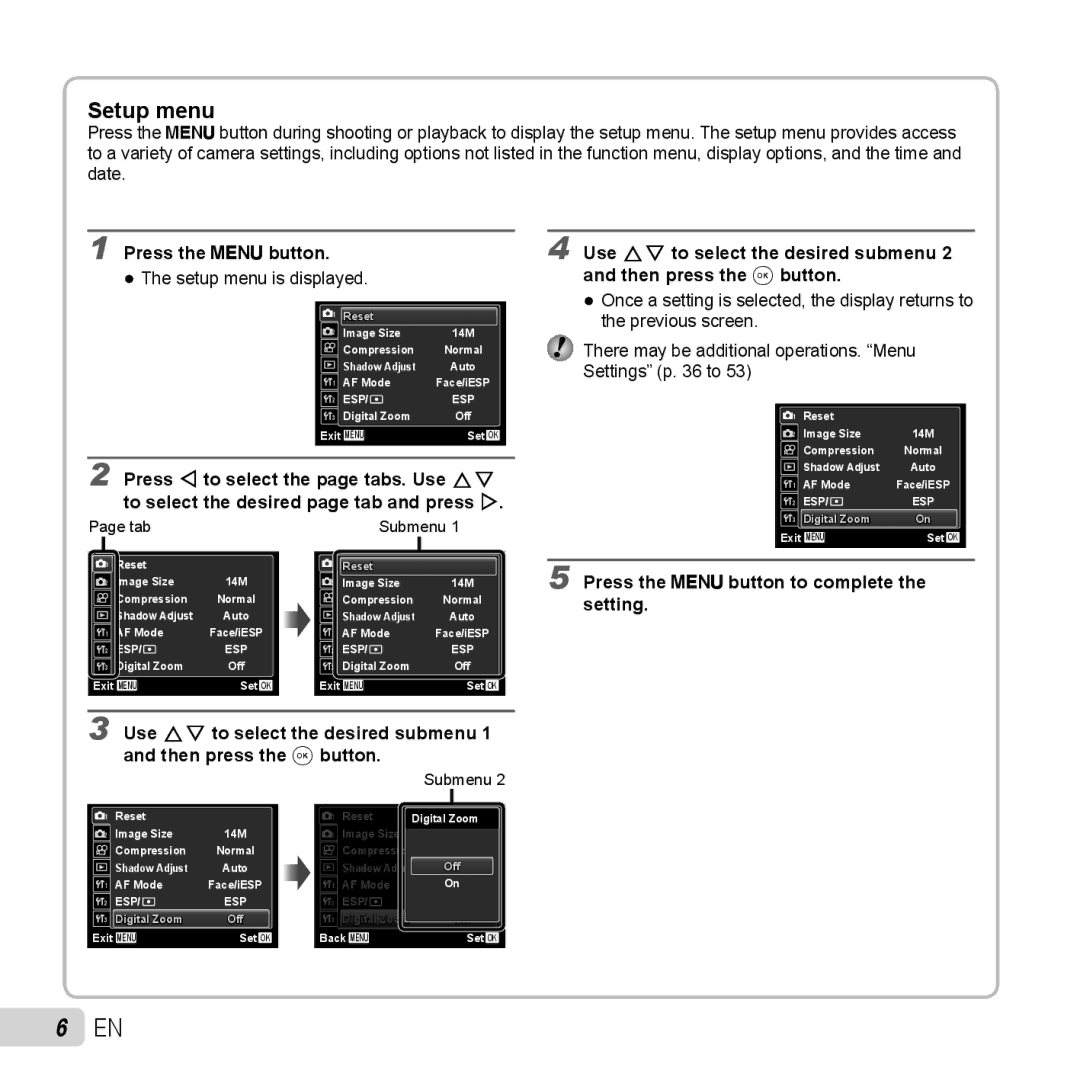 Olympus TG-320 instruction manual Setup menu, Press the mbutton 