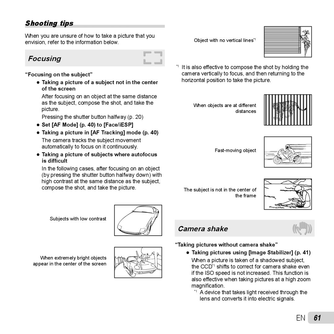 Olympus TG-320 Shooting tips, Focusing, Camera shake, Taking a picture of subjects where autofocus is difﬁcult 