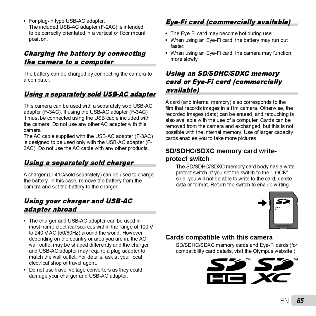 Olympus TG-320 Using a separately sold charger, Eye-Fi card commercially available, Cards compatible with this camera 