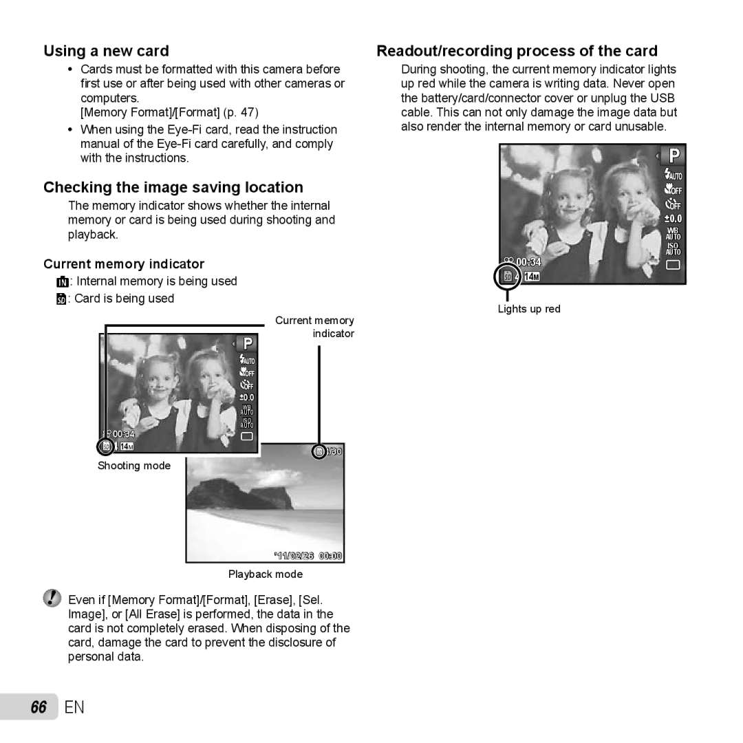 Olympus TG-320 66 EN, Using a new card, Checking the image saving location, Readout/recording process of the card 