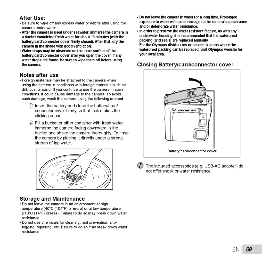 Olympus TG-320 instruction manual After Use, Closing Battery/card/connector cover, Storage and Maintenance 