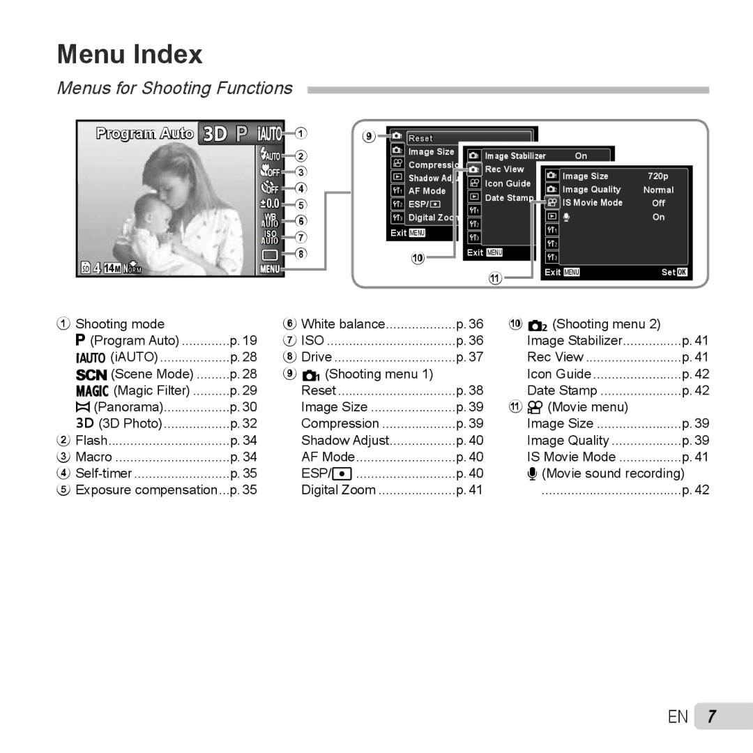 Olympus TG-320 instruction manual Menu Index 