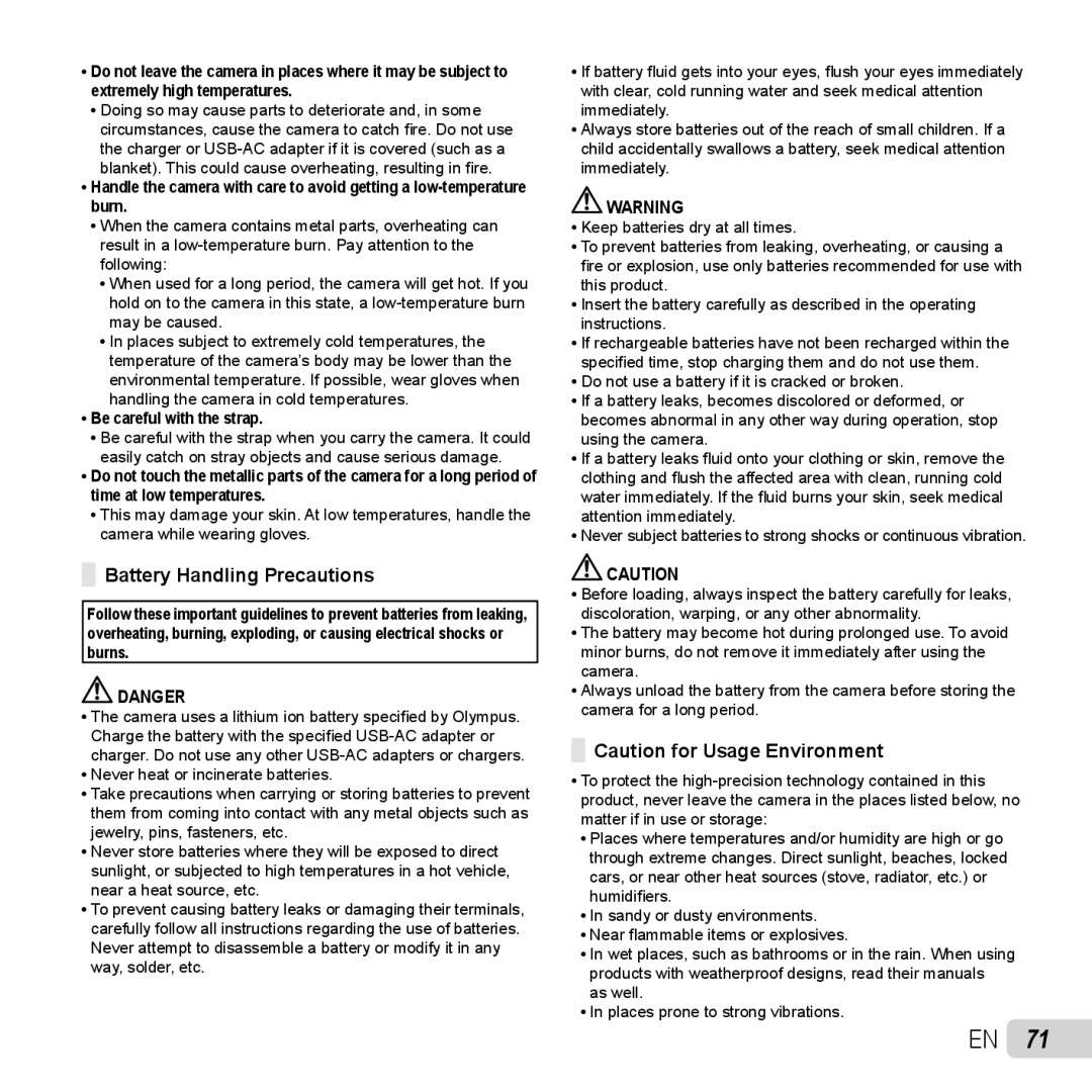 Olympus TG-320 instruction manual Battery Handling Precautions, Be careful with the strap 