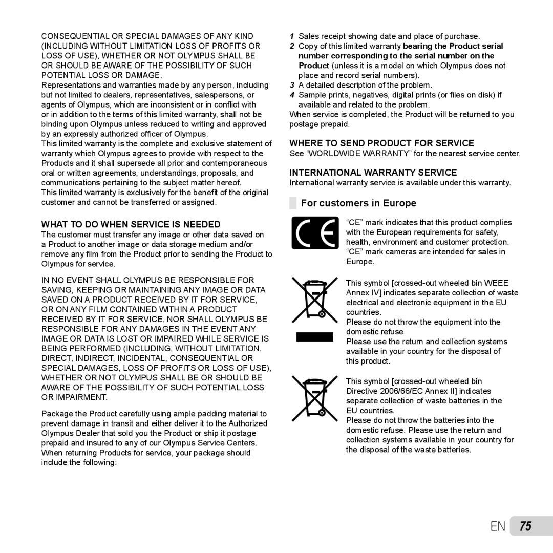 Olympus TG-320 instruction manual For customers in Europe, What to do When Service is Needed 