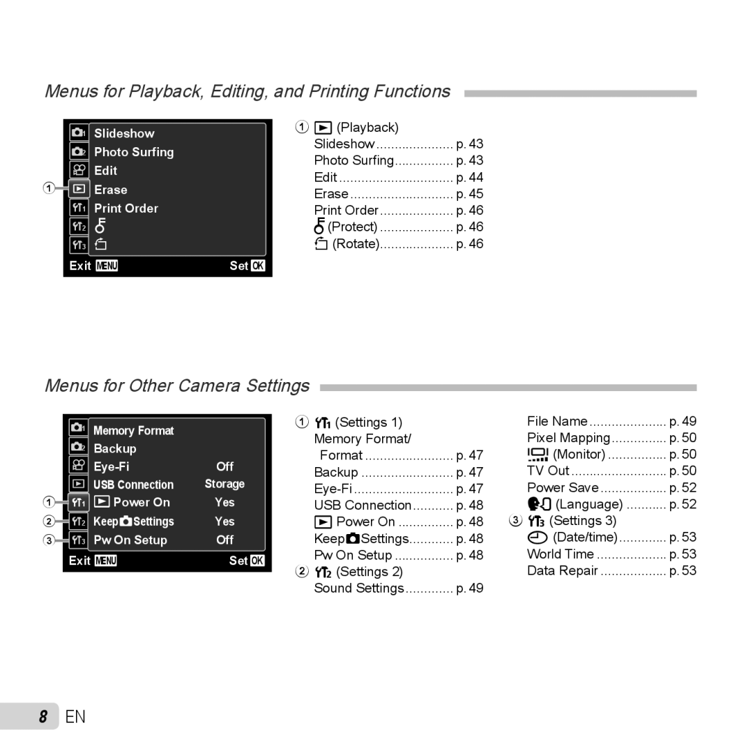 Olympus TG-320 instruction manual Menus for Playback, Editing, and Printing Functions 