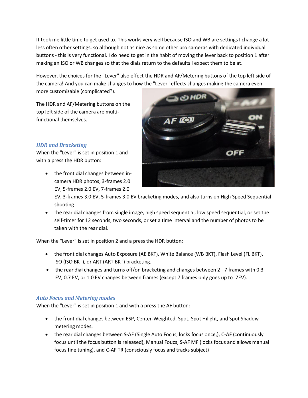 Olympus V314060BU000, V207010BU000 manual HDR and Bracketing, Auto Focus and Metering modes 