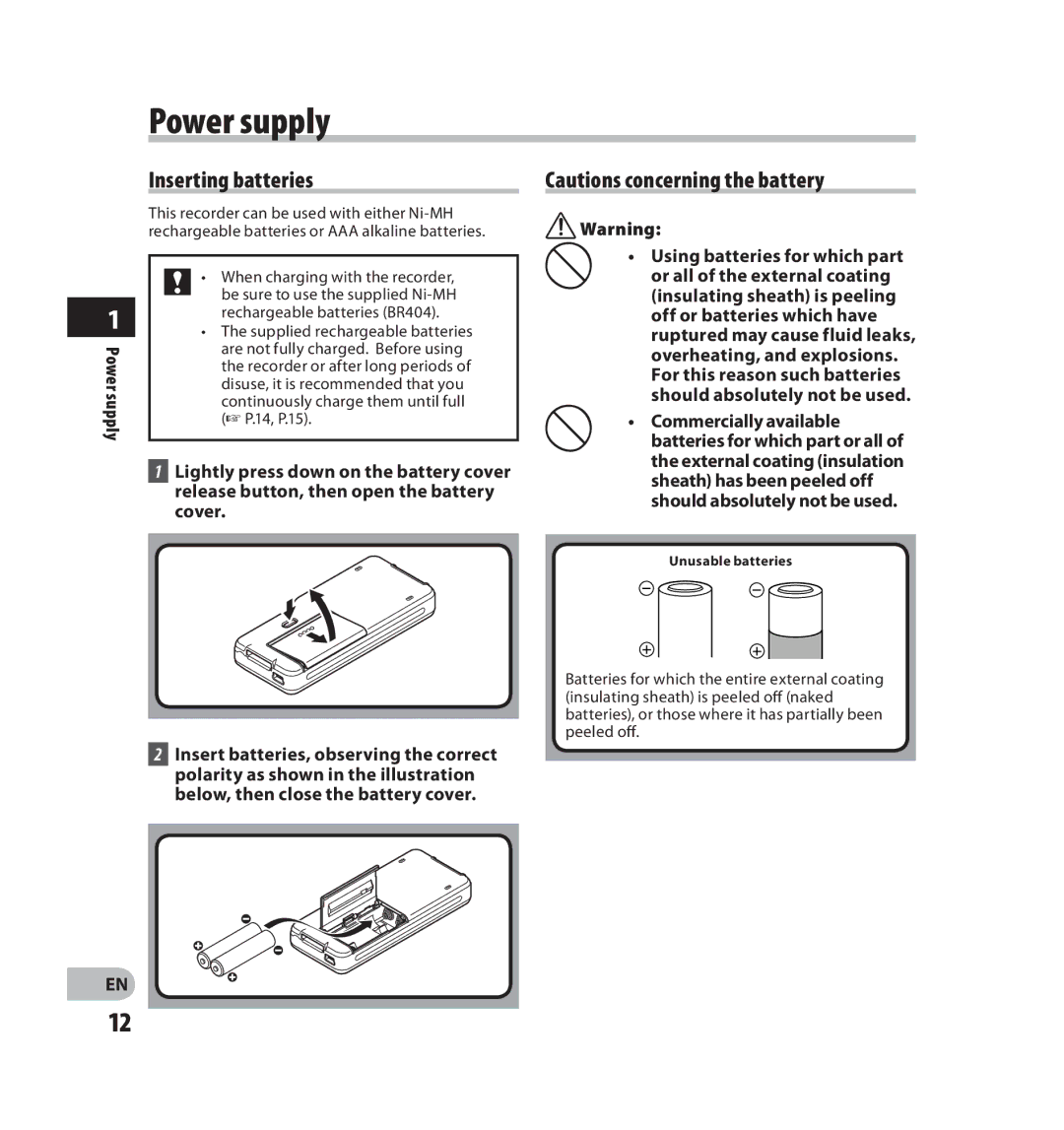 Olympus V403121SU000 manual Power supply, Inserting batteries, Unusable batteries 