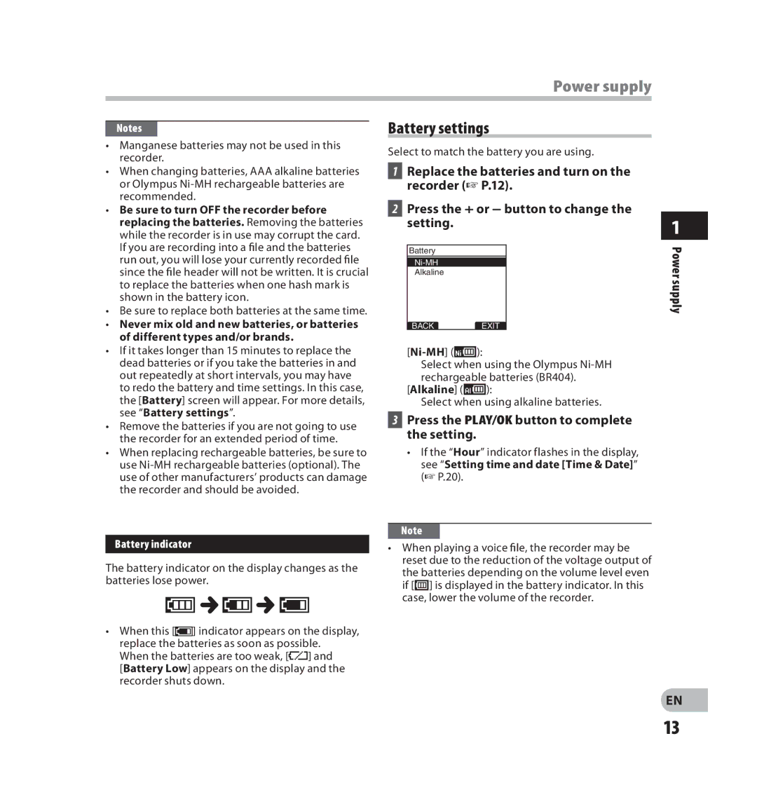 Olympus V403121SU000 manual Power supply, Battery settings, Press the PLAY/OK button to complete the setting, Alkaline ú 