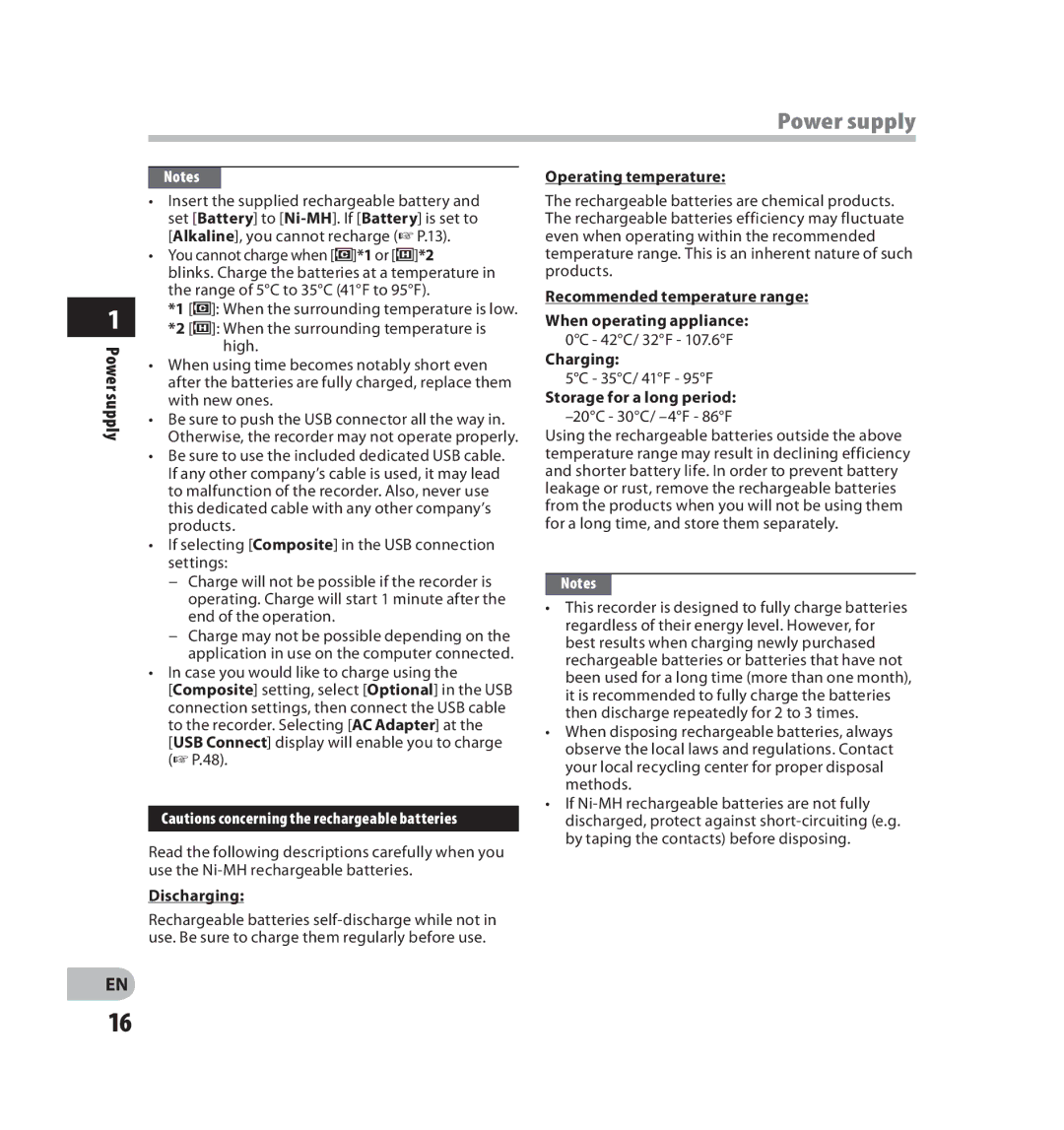 Olympus V403121SU000 manual Discharging, Operating temperature, Recommended temperature range, Charging 