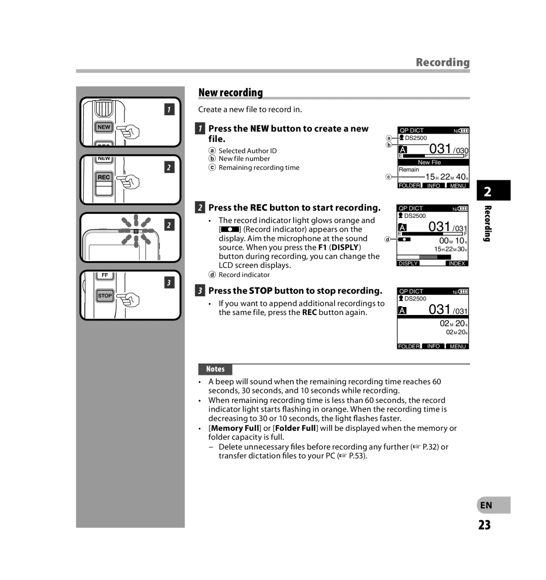 Olympus V403121SU000 manual Recording, New recording, File, Press the Stop button to stop recording 