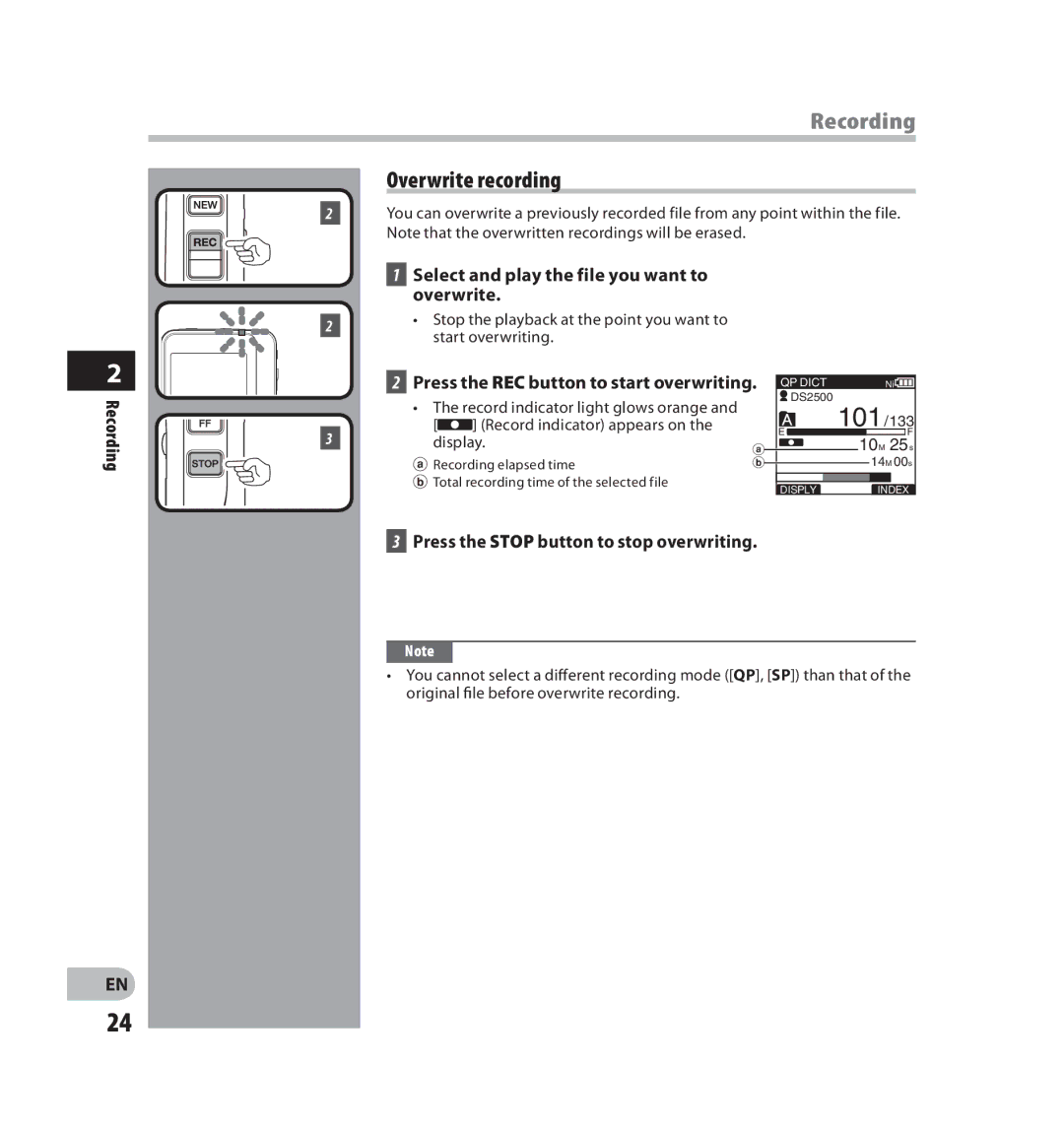 Olympus V403121SU000 manual Overwrite recording, Select and play the file you want to overwrite 