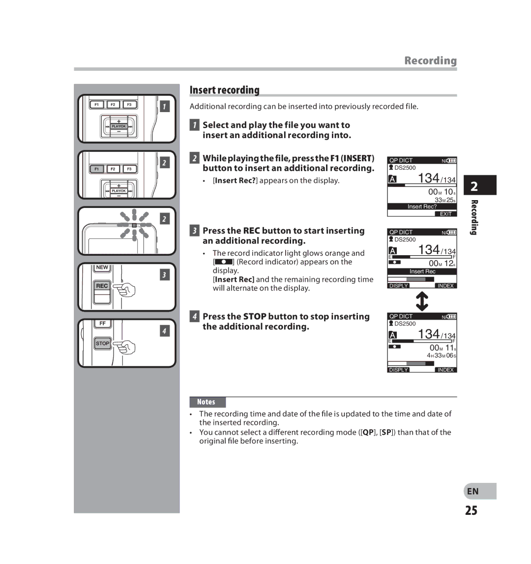 Olympus V403121SU000 manual Insert recording, 00M 11s 