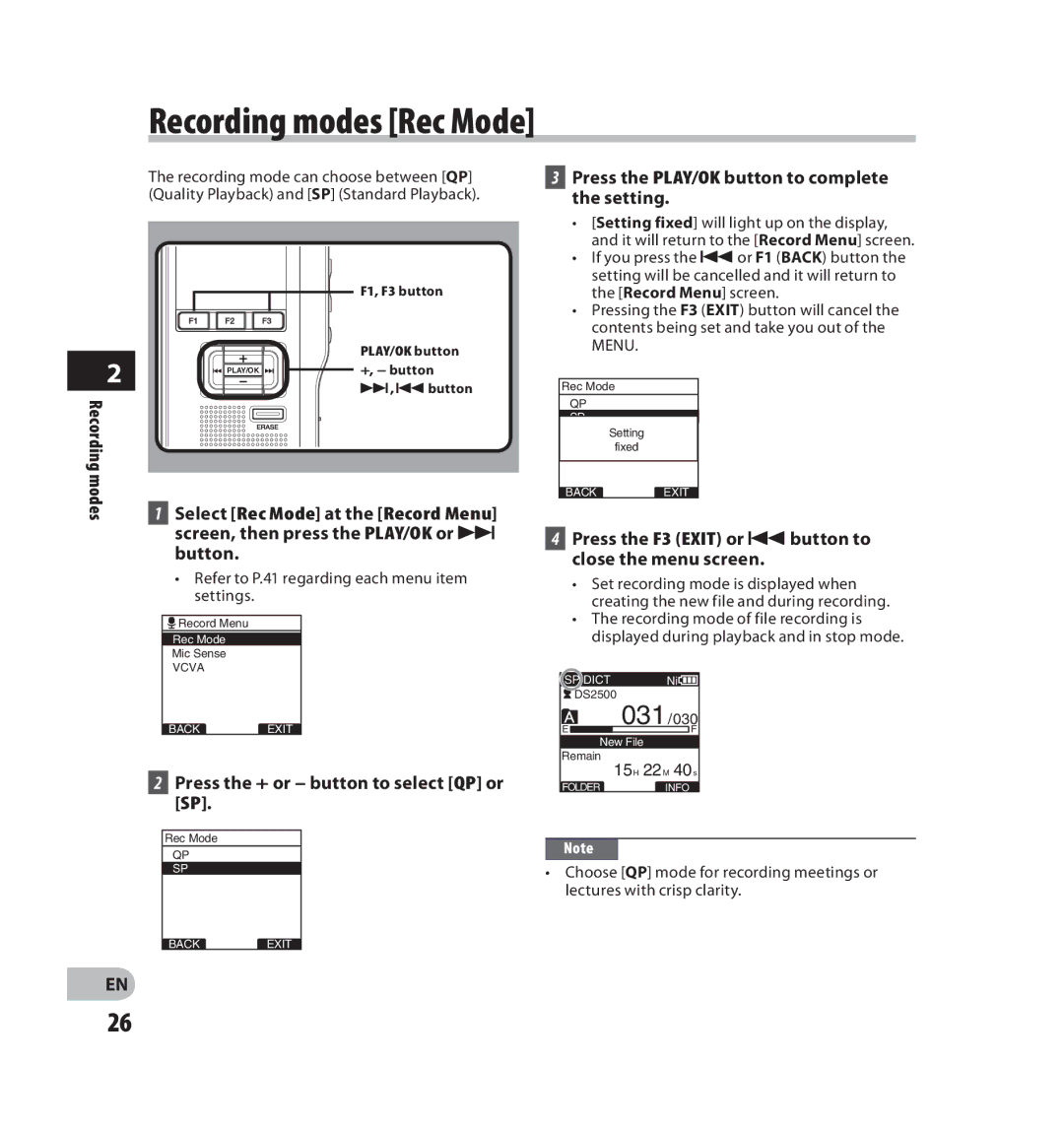 Olympus V403121SU000 manual Recording modes Rec Mode, Press the + or button to select QP or SP 