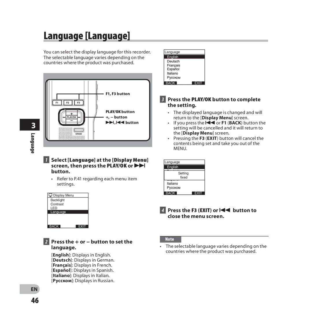 Olympus V403121SU000 manual Language Language, Press the + or button to set the language 