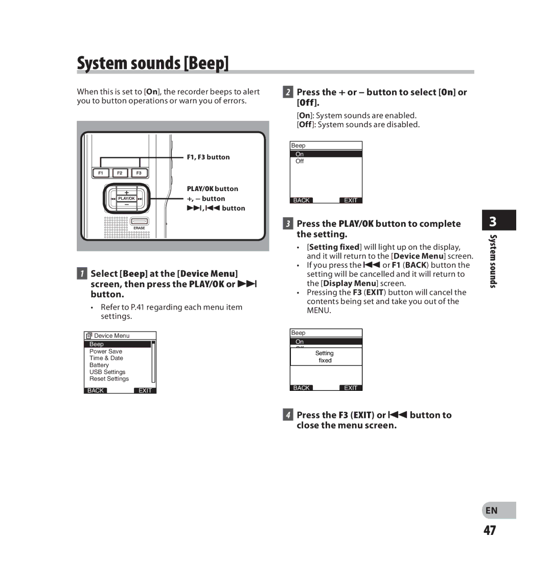 Olympus V403121SU000 manual System sounds Beep 