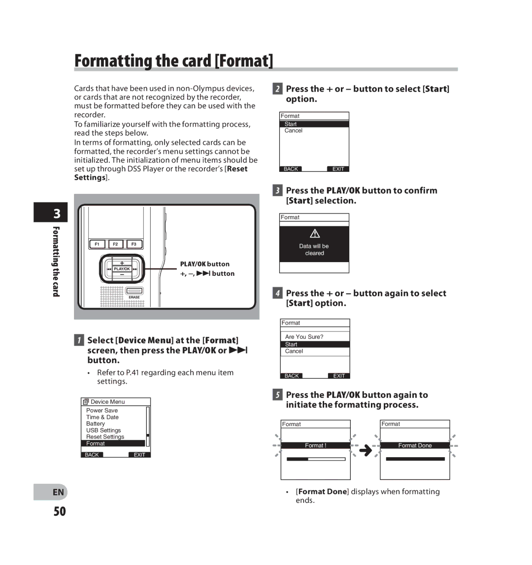 Olympus V403121SU000 manual Formatting the card Format, Press the + or button to select Start option 