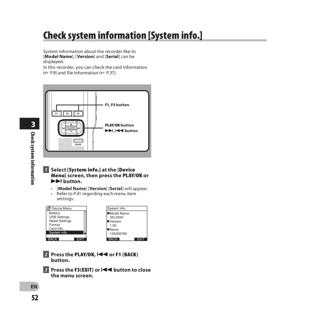 Olympus V403121SU000 manual Check system information System info, Model Name Version Serial will appear 