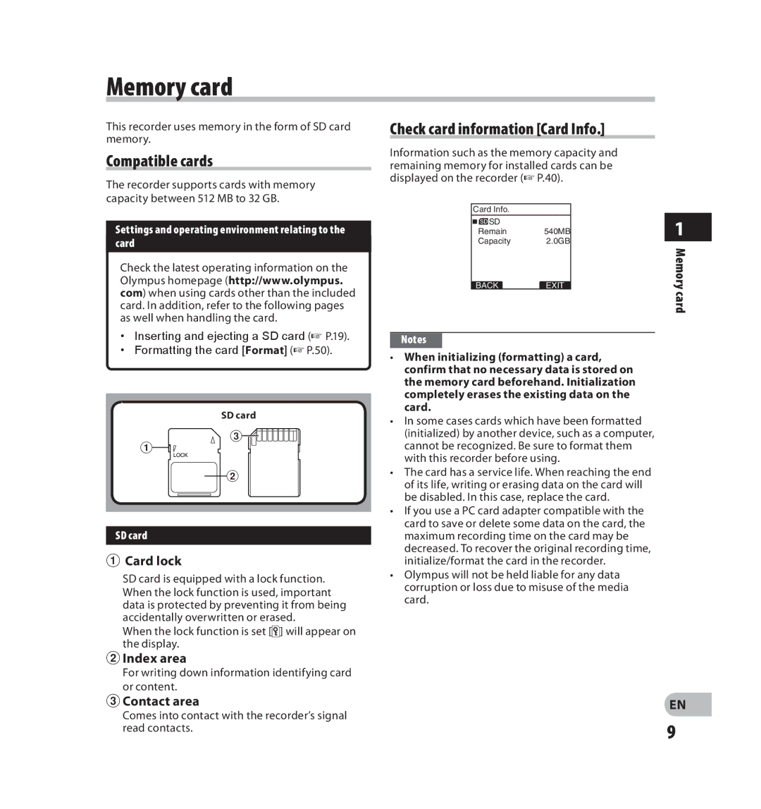 Olympus V403121SU000 manual Memory card, Compatible cards, Check card information Card Info 