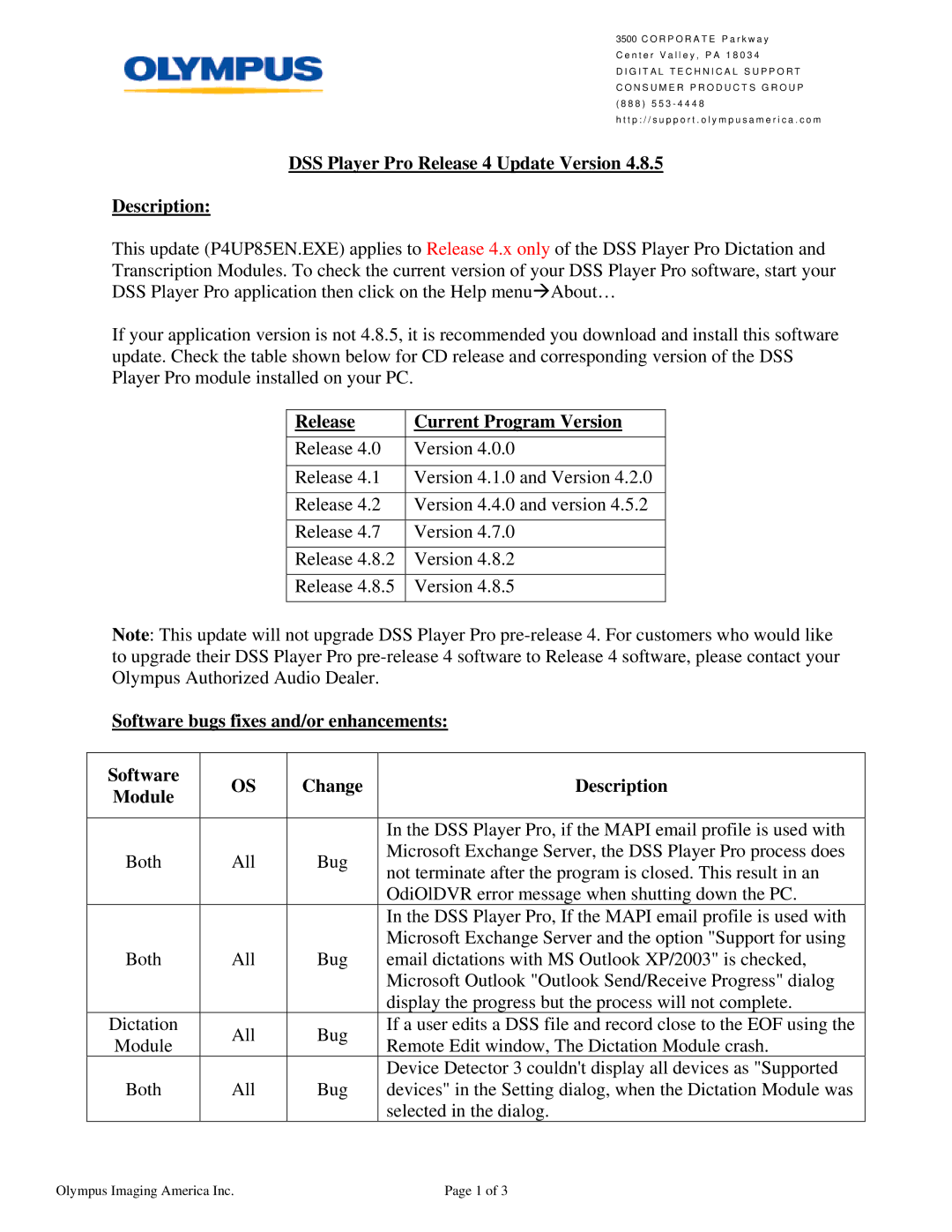 Olympus Version 4.8.5 manual DSS Player Pro Release 4 Update Version Description, Release Current Program Version 