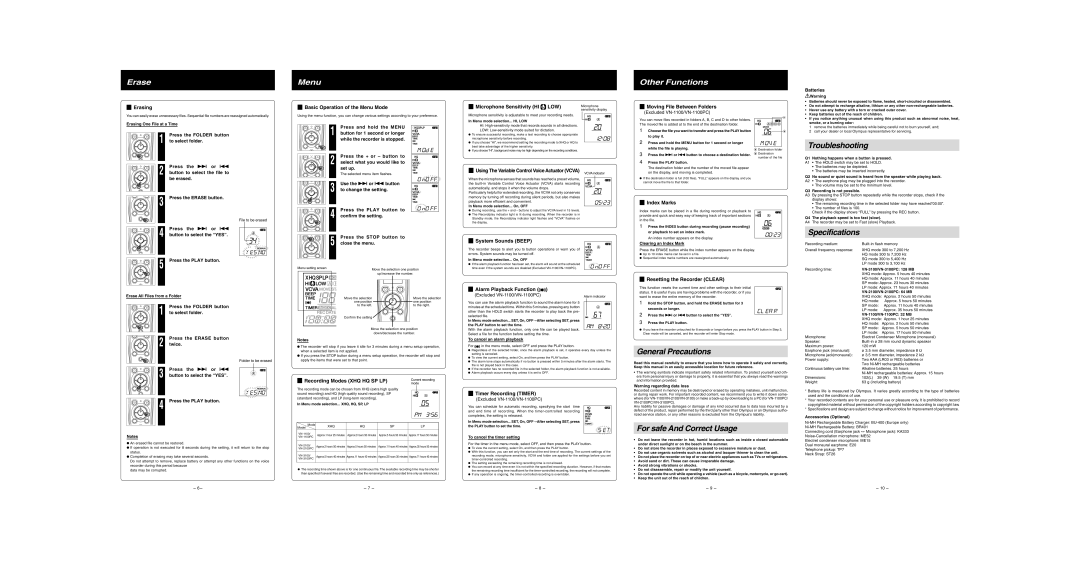 Olympus VN-3100PC manual 4Erasing, 4Basic Operation of the Menu Mode, 4Microphone Sensitivity HI LOW, 4System Sounds Beep 