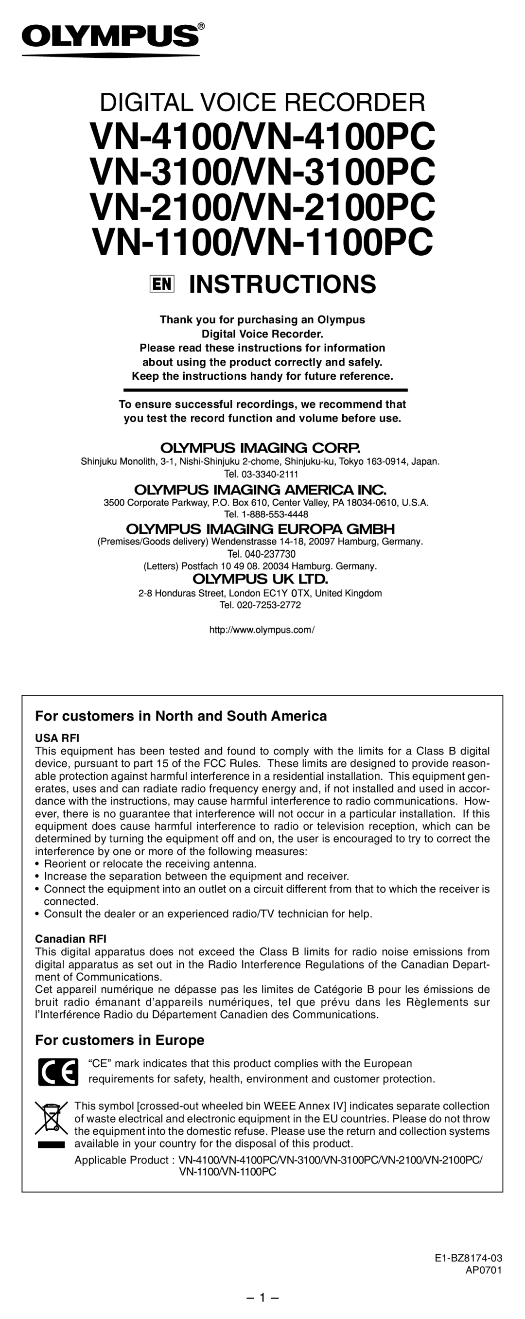 Olympus VN-2100/VN-2100PC, 4100 manual For customers in North and South America, For customers in Europe, Canadian RFI 