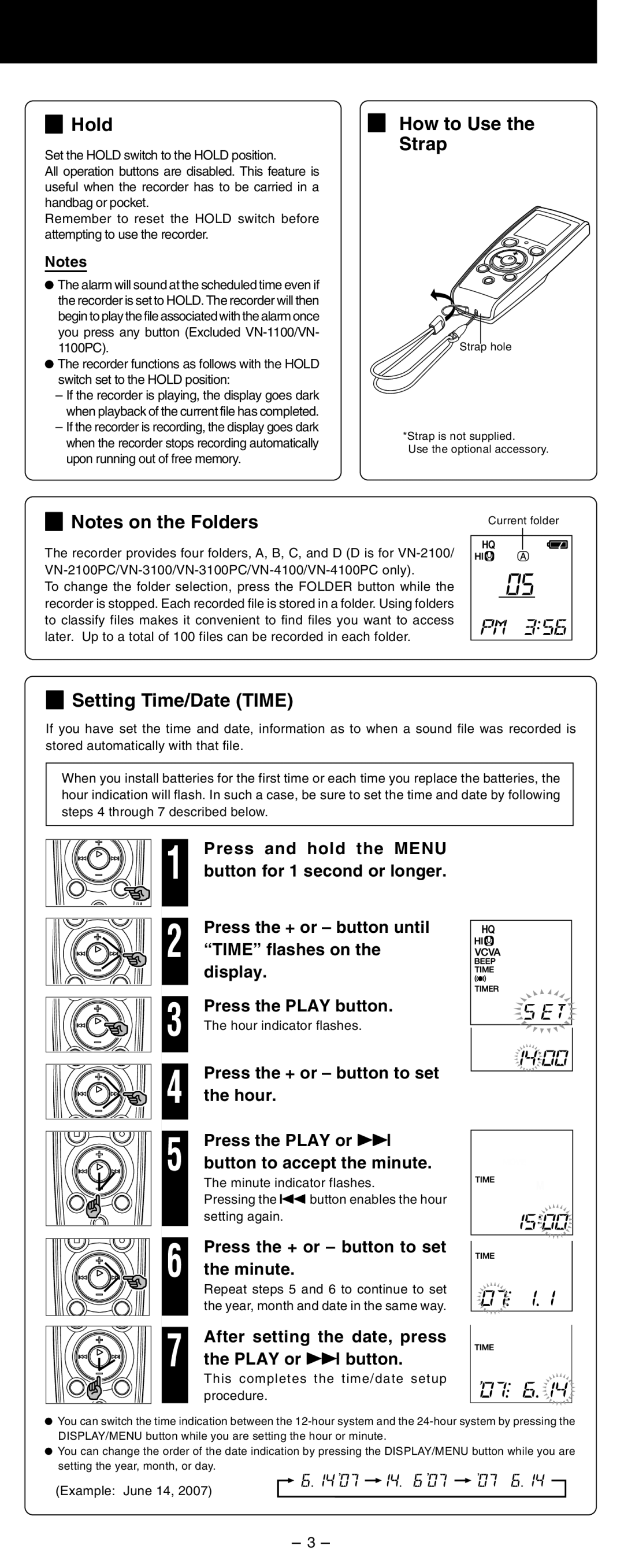 Olympus 4100PC, VN-1100/VN-1100PC, VN-2100/VN-2100PC 4Hold, 4Notes on the Folders How to Use Strap, 4Setting Time/Date Time 