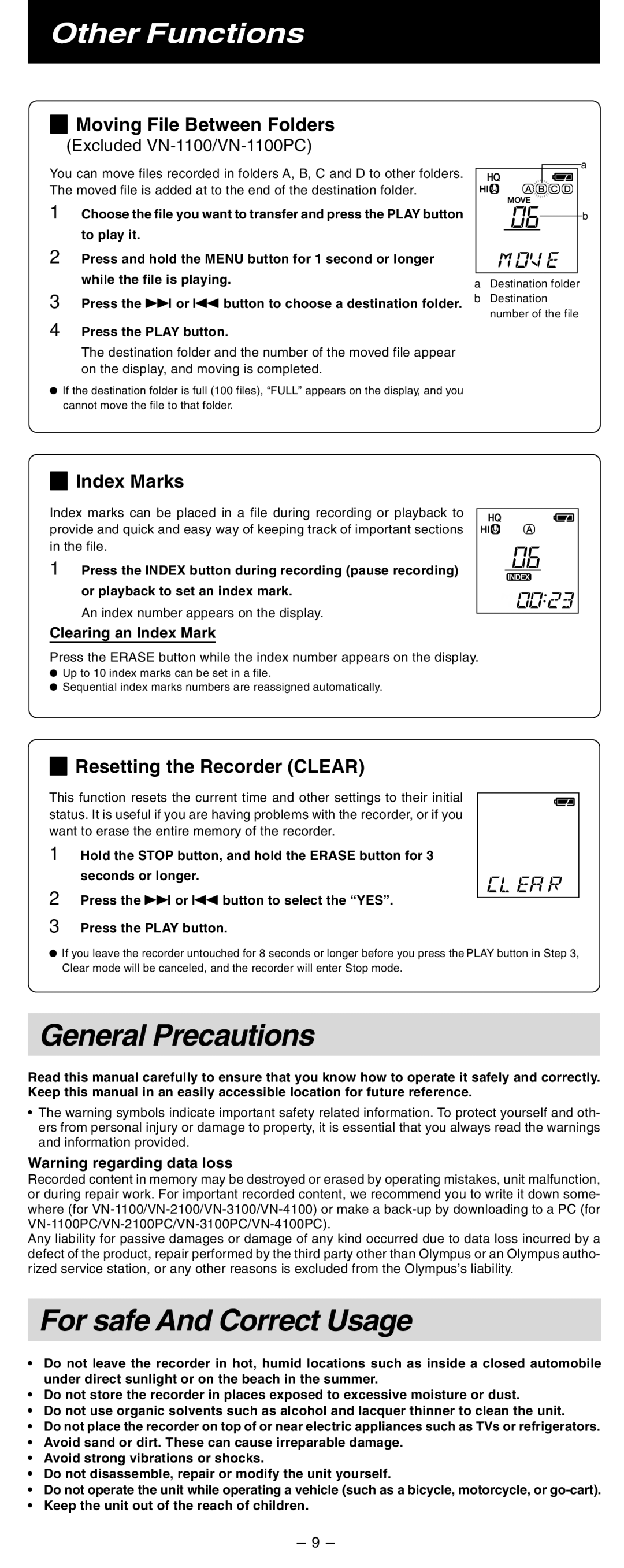 Olympus VN-2100/VN-2100PC, 4100 Other Functions, 4Moving File Between Folders, 4Index Marks, 4Resetting the Recorder Clear 