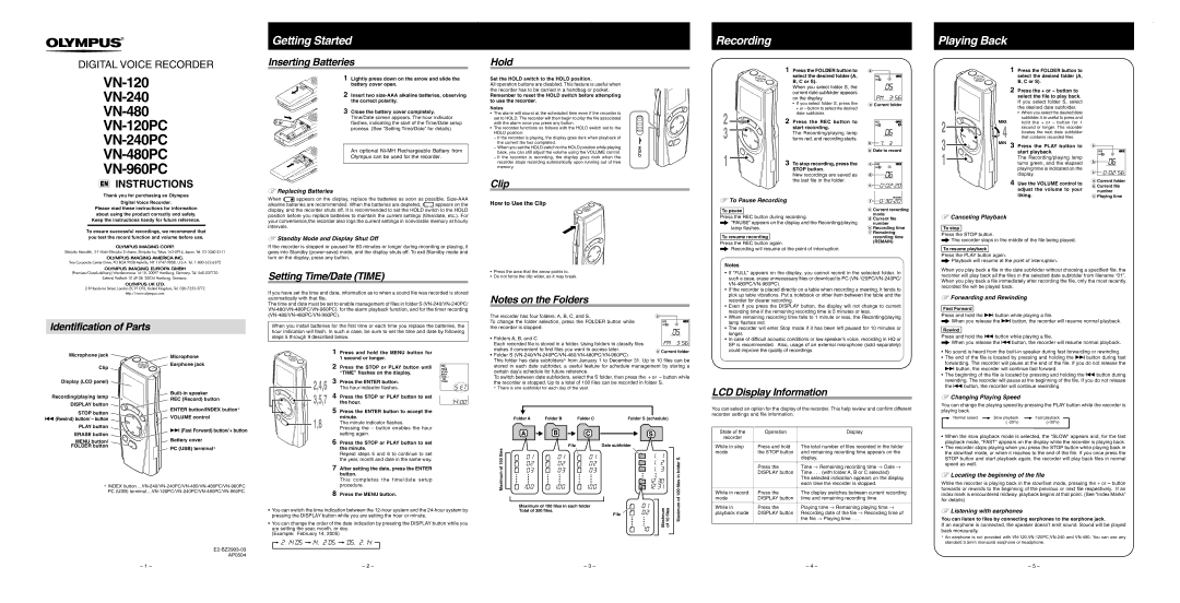 Olympus VN-240PC, VN-120PC, VN-480 manual Inserting Batteries, Hold, Clip, Identification of Parts, Setting Time/Date Time 