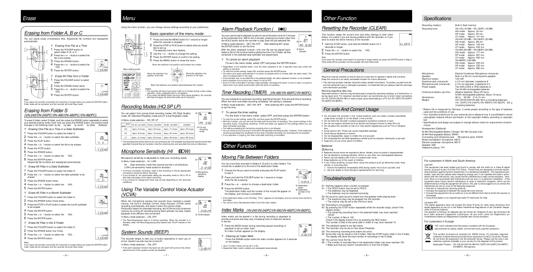 Olympus VN-480PC manual Specifications Erasing from Folder A, B or C, Alarm Playback Function, Resetting the Recorder Clear 