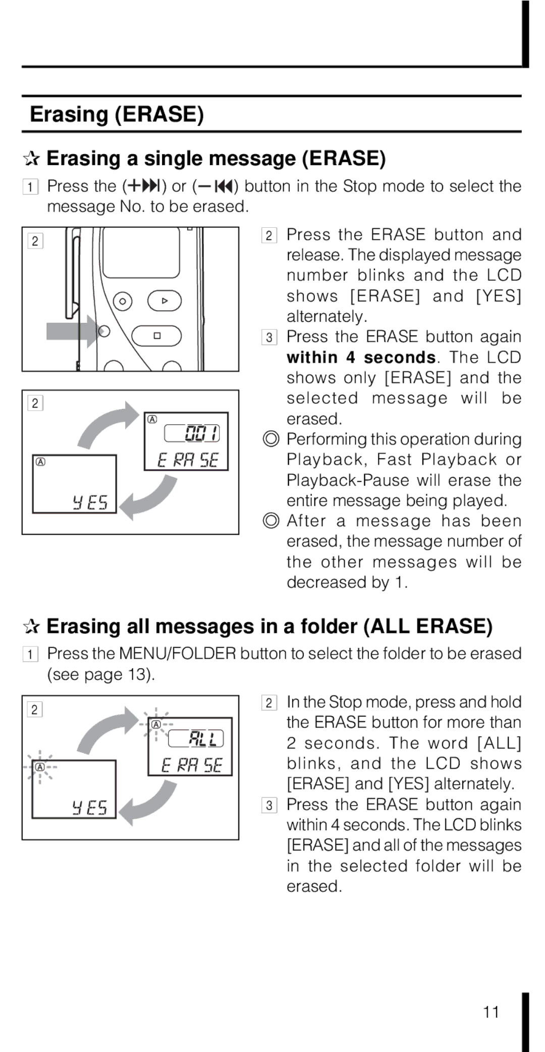 Olympus VN-180 VN-90 Erasing Erase Erasing a single message Erase, Erasing all messages in a folder ALL Erase, Erased 