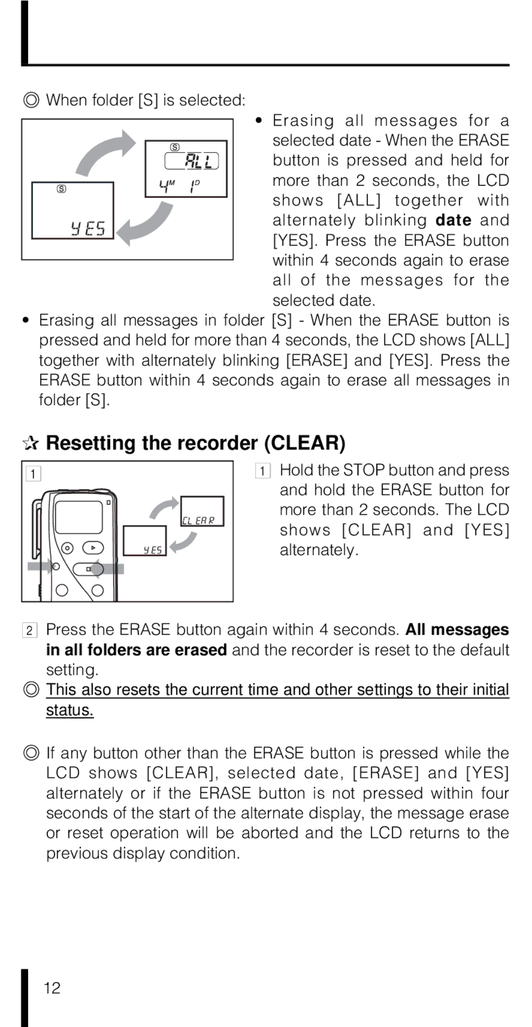 Olympus VN-180 VN-90 manual Resetting the recorder Clear 