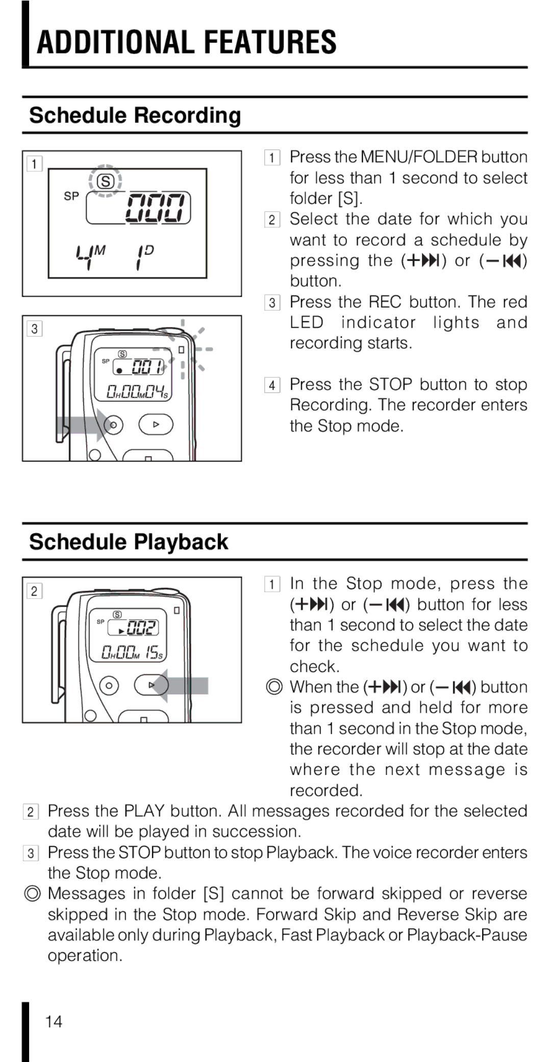 Olympus VN-180 VN-90 manual Additional Features, Schedule Recording, Schedule Playback 