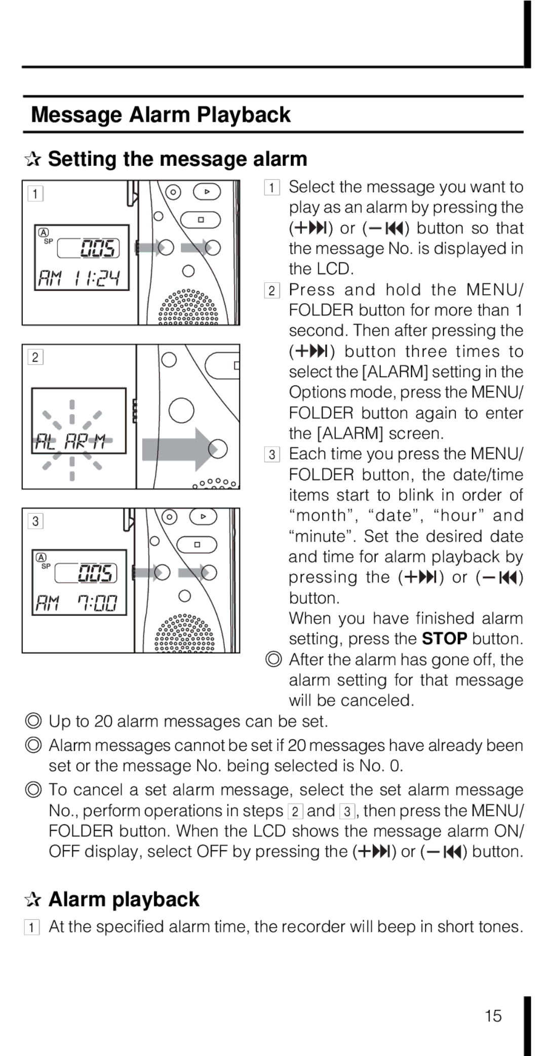 Olympus VN-180 VN-90 manual Message Alarm Playback Setting the message alarm, Alarm playback 