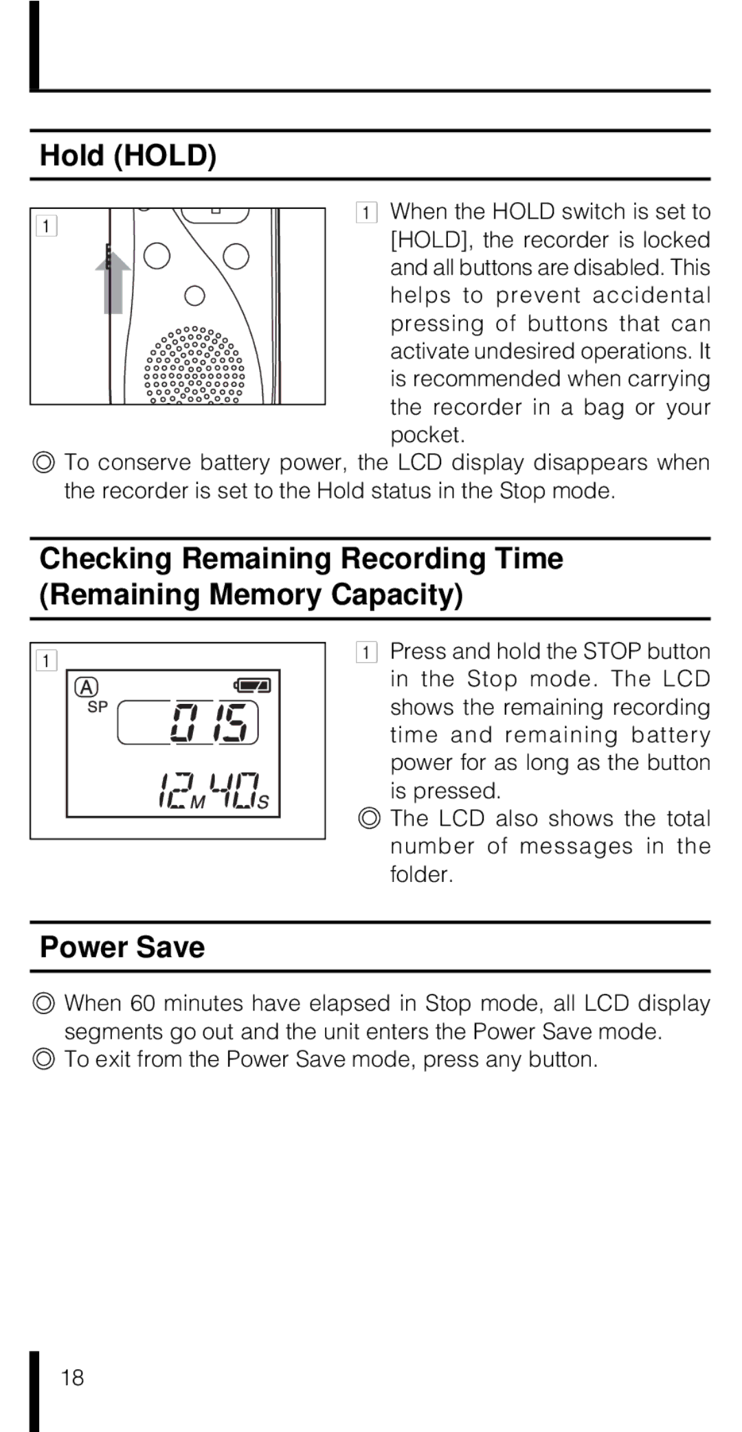 Olympus VN-180 VN-90 manual Hold Hold, Checking Remaining Recording Time Remaining Memory Capacity, Power Save 