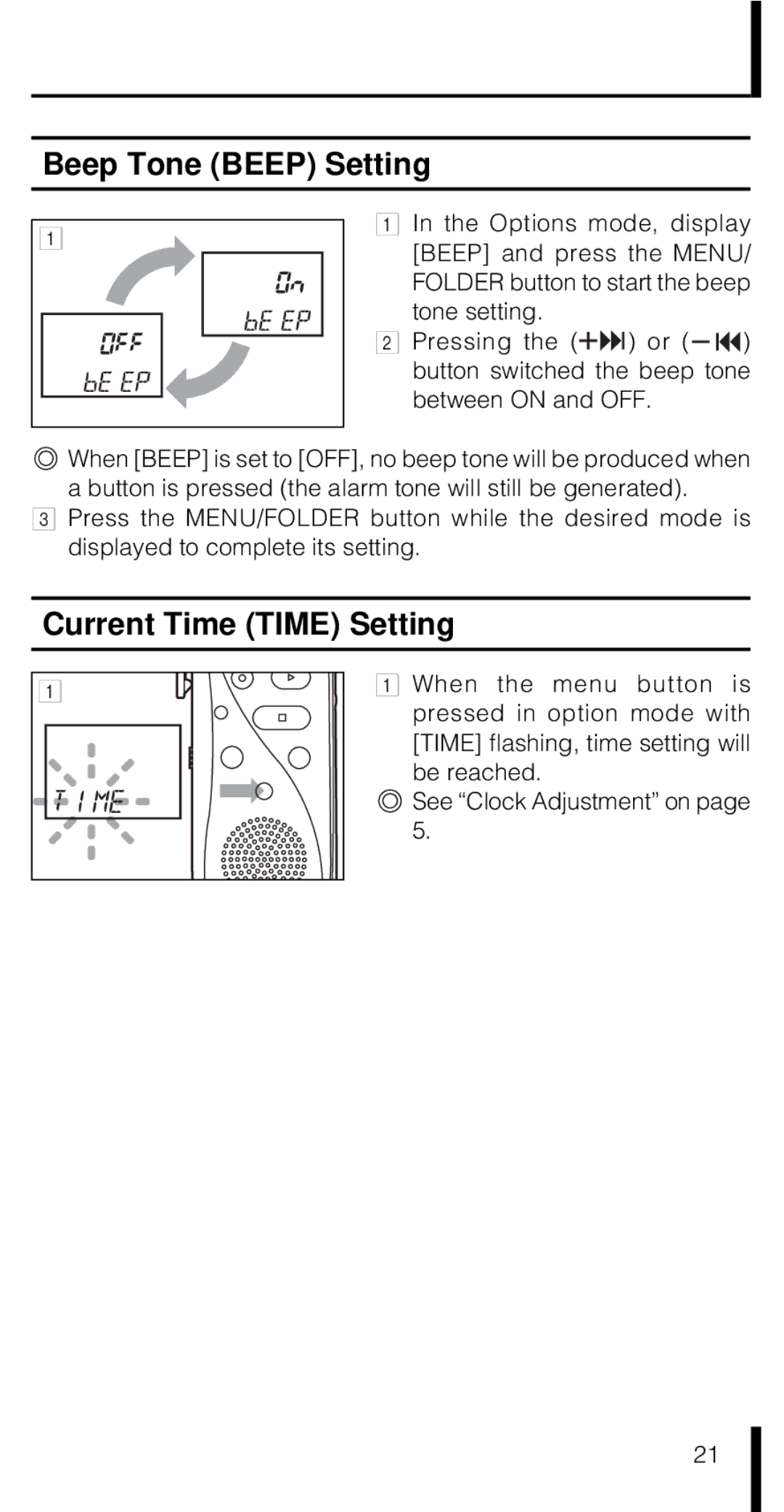 Olympus VN-180 VN-90 manual Beep Tone Beep Setting, Current Time Time Setting 