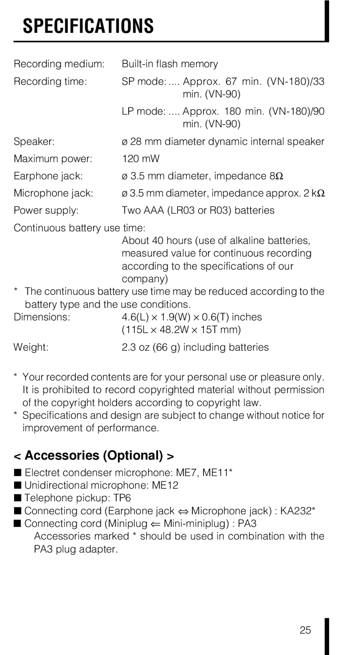 Olympus VN-180 VN-90 manual Specifications, Accessories Optional, Recording medium Built-in flash memory Recording time 