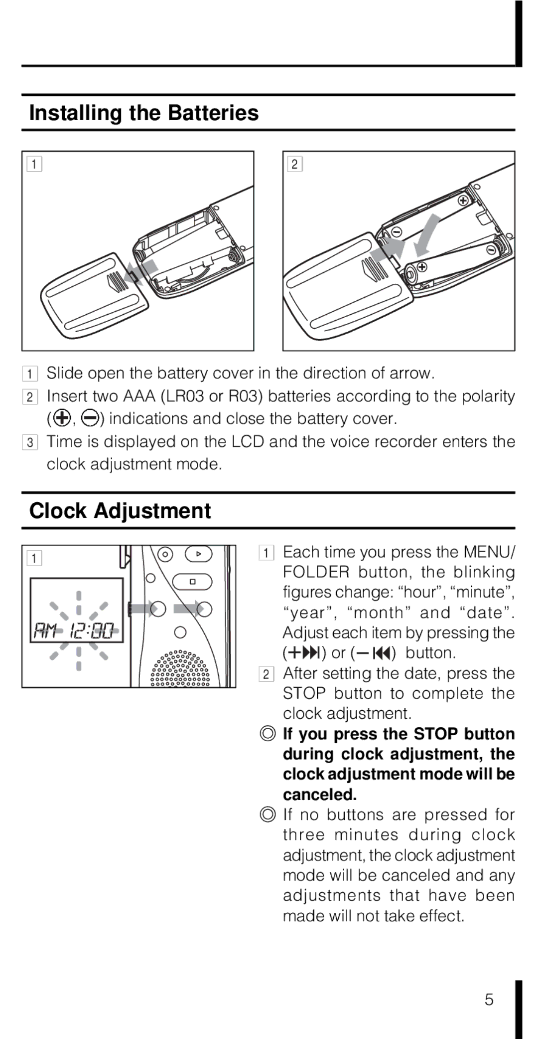 Olympus VN-180 VN-90 Installing the Batteries, Clock Adjustment, Slide open the battery cover in the direction of arrow 