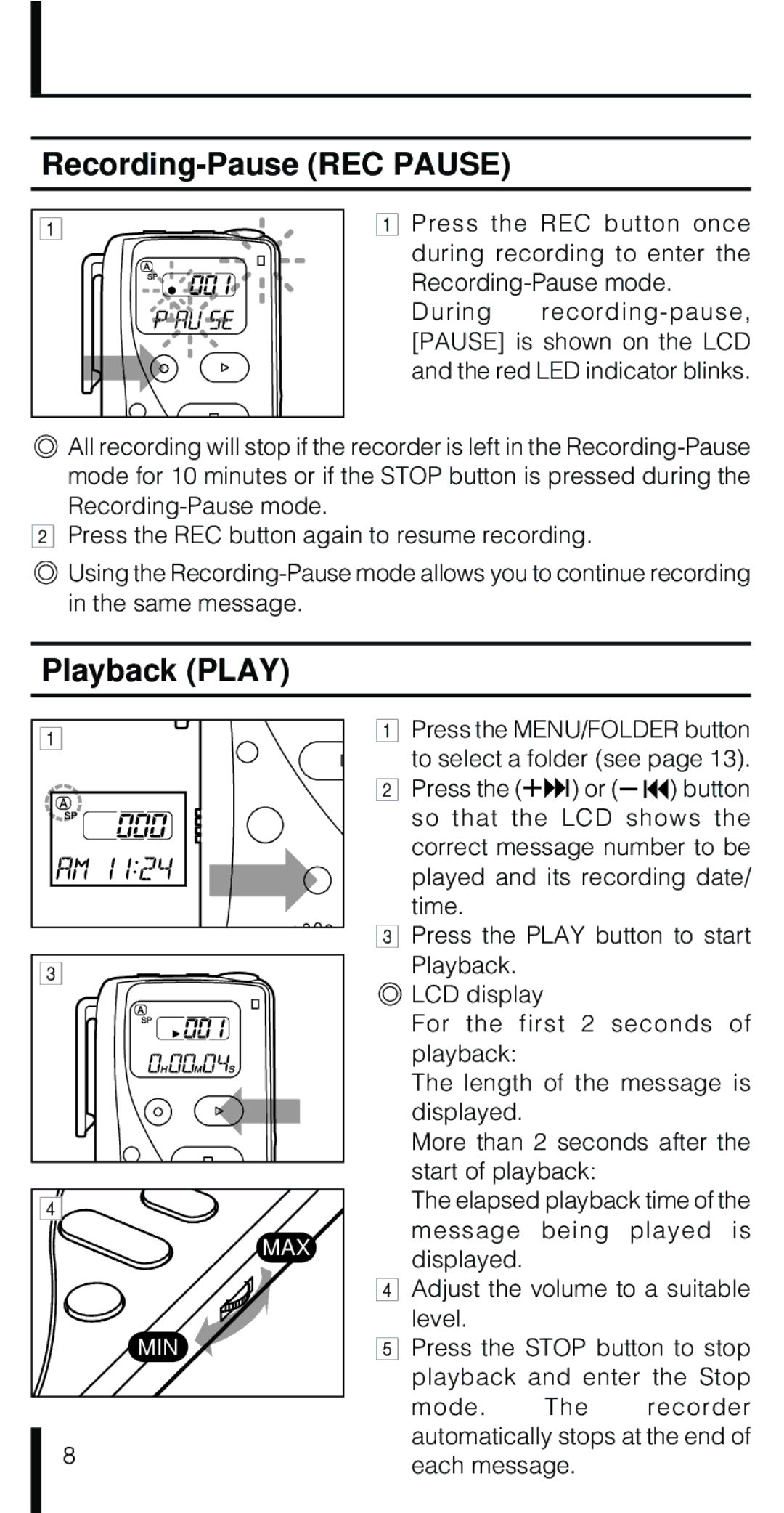 Olympus VN-180 VN-90 manual Recording-Pause REC Pause, Playback Play 