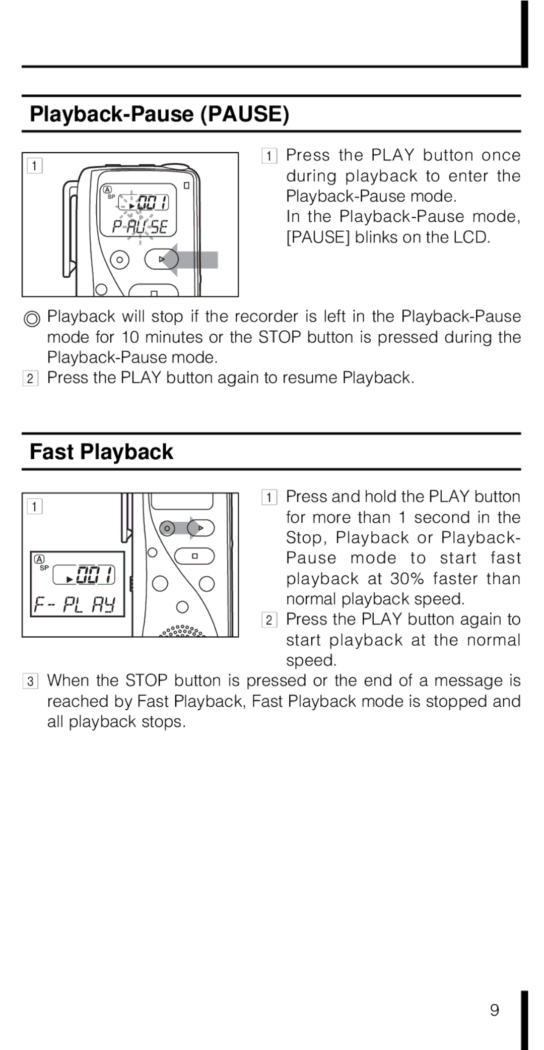 Olympus VN-180 VN-90 manual Playback-Pause Pause, Fast Playback 