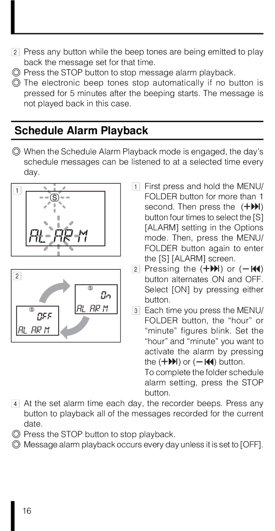 Olympus VN-180 manual Schedule Alarm Playback, S Alarm screen Pressing 