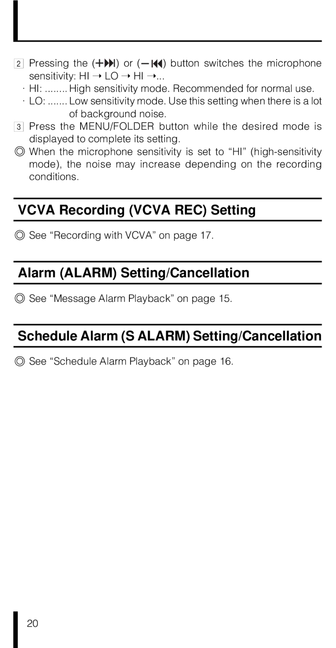 Olympus VN-180 manual Vcva Recording Vcva REC Setting, Alarm Alarm Setting/Cancellation 