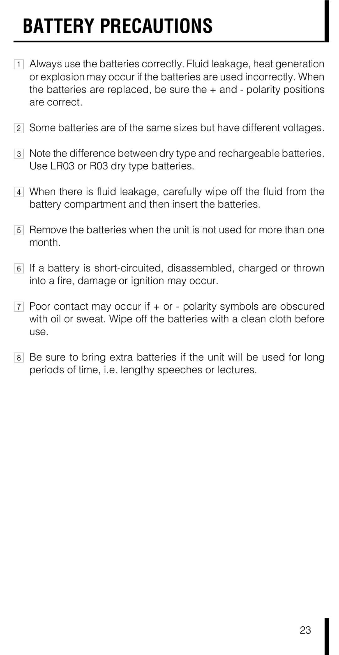 Olympus VN-180 manual Battery Precautions 