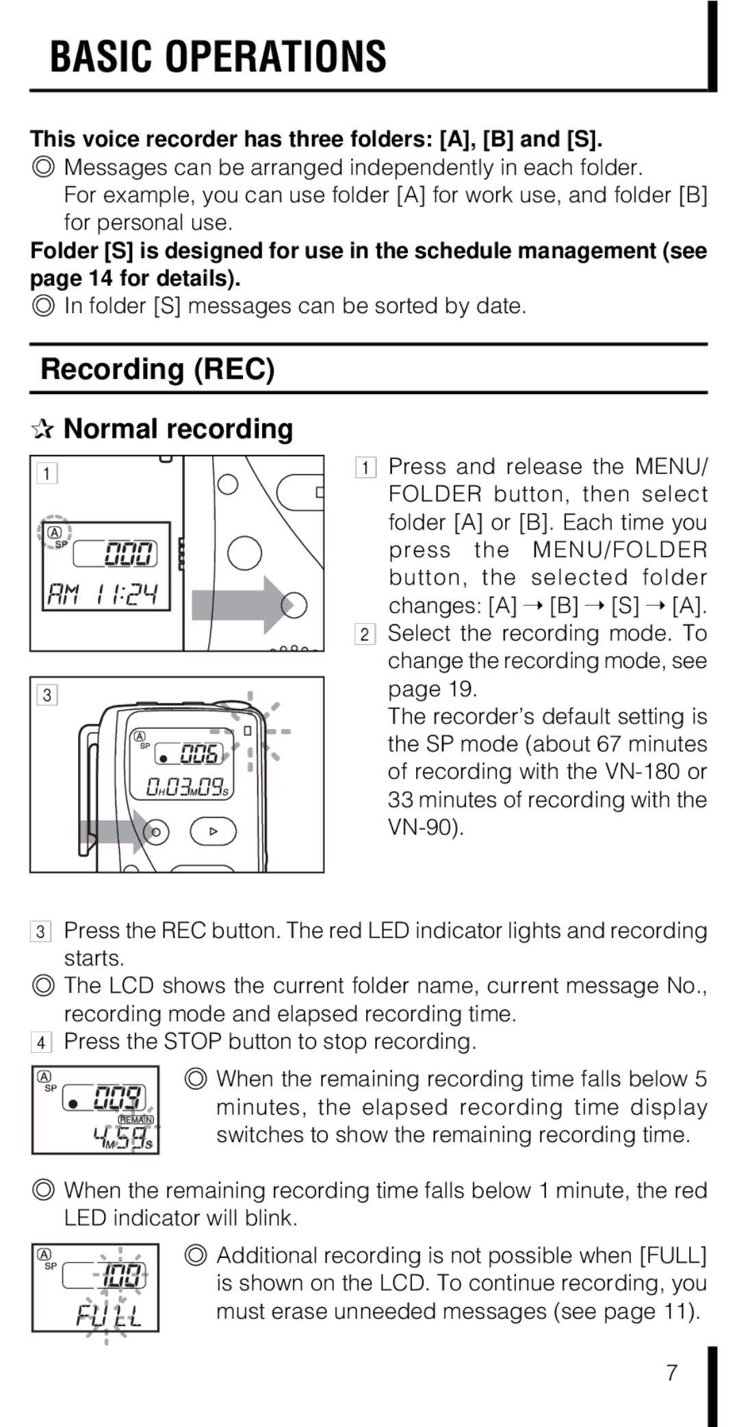 Olympus VN-180 manual Basic Operations, Recording REC Normal recording, Folder S messages can be sorted by date 